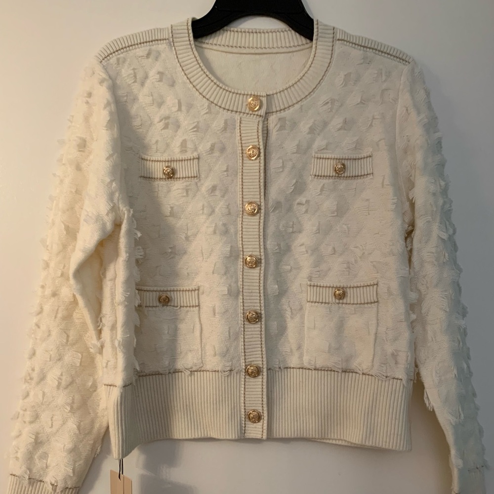 Cream Ivory Double Layer Gold Detail and Button Wool Sweater Cardigan Small